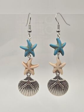Coastal Double Starfish Drop Earrings - Blue & Cream